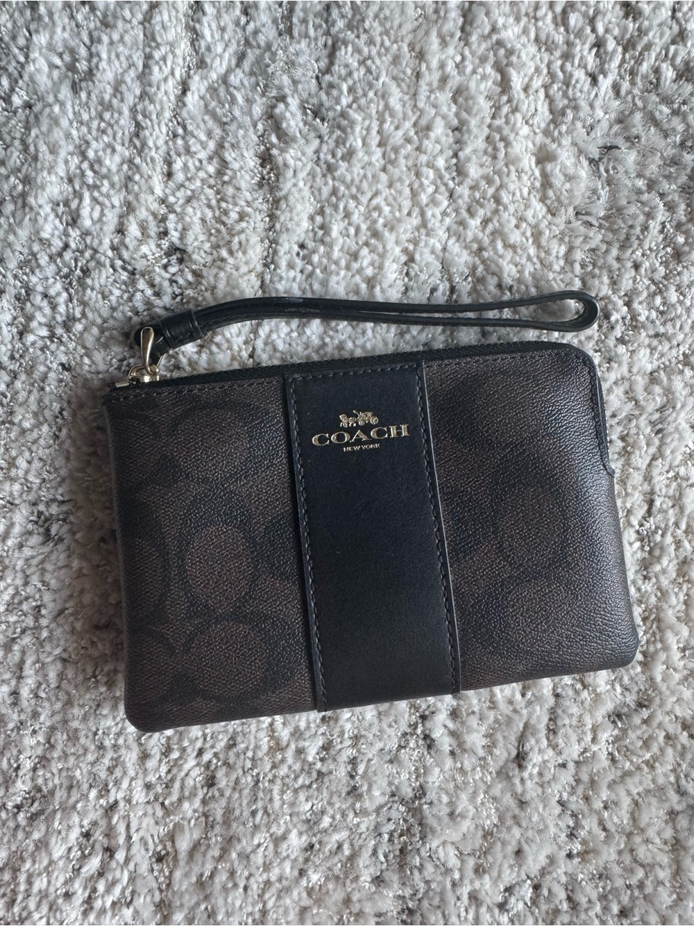 Coach Brown and Black Signature Canvas Wristlet with Gold Logo
